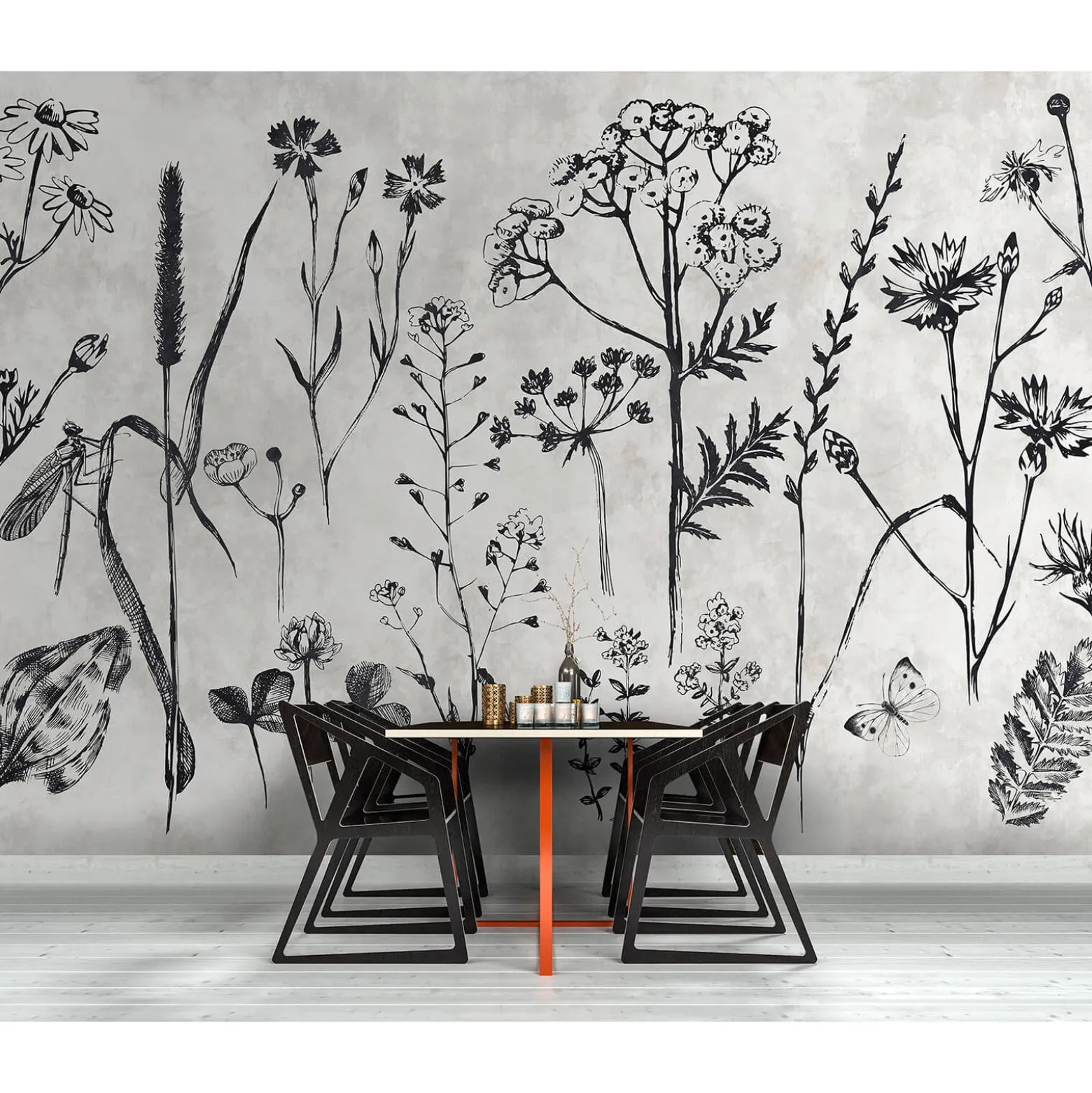 Fototapete Vlies Blumen Kräuter grau schwarz Premium