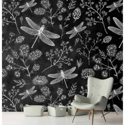Fototapete Vlies Blumen Libellen Tafel schwarz Premium