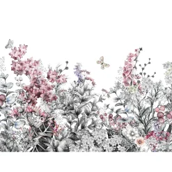 Fototapete Vlies Blumen Schmetterling Floral grau rosa