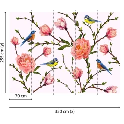 Fototapete Vlies Blumen Vögel Zweige weiß rosa grün blau