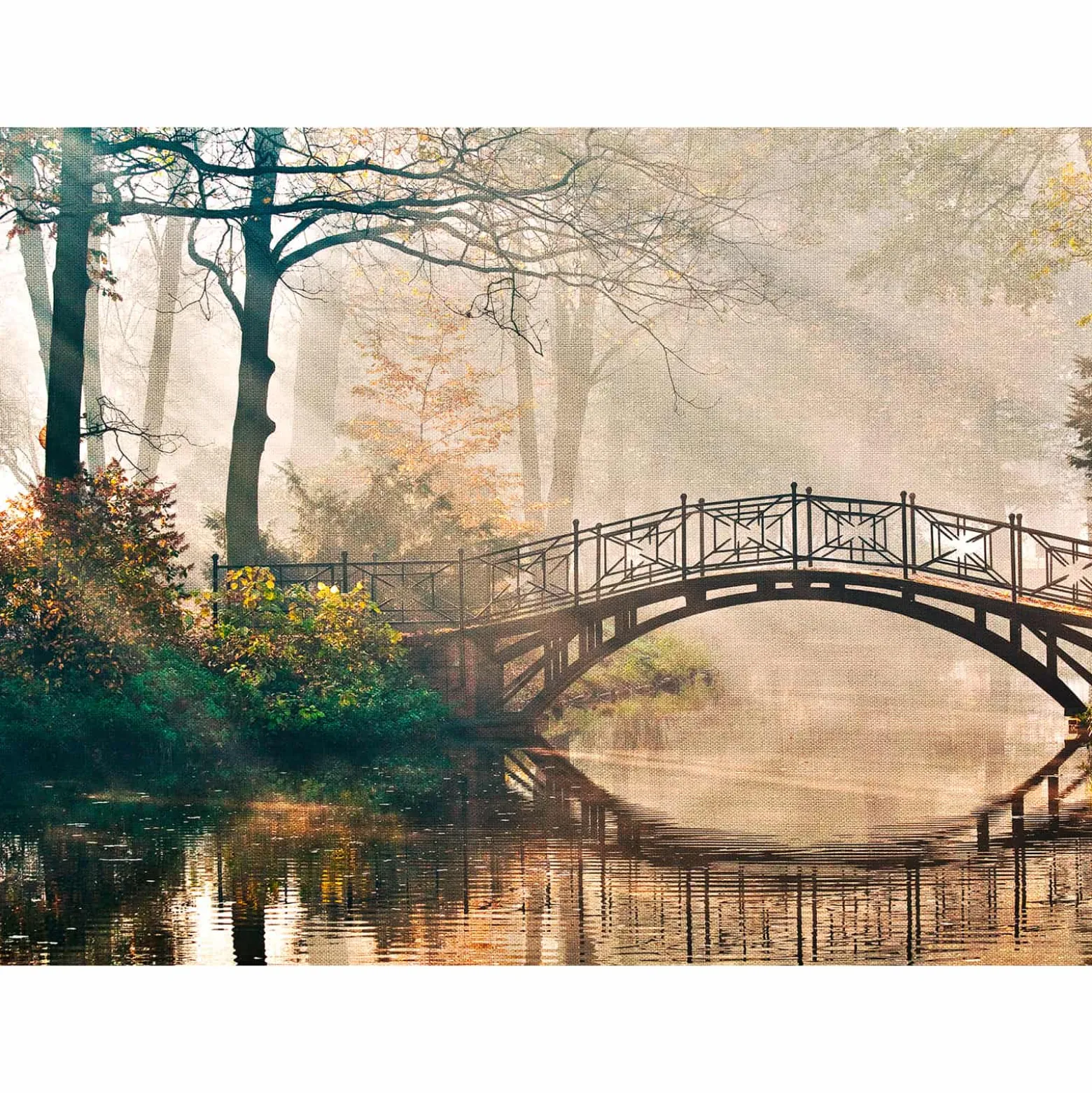 Fototapete Vlies Brücke Wald Fluss grün gelb braun