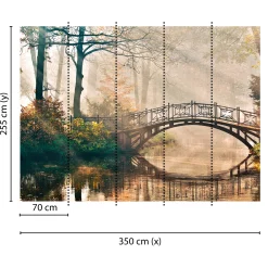 Fototapete Vlies Brücke Wald Fluss grün gelb braun