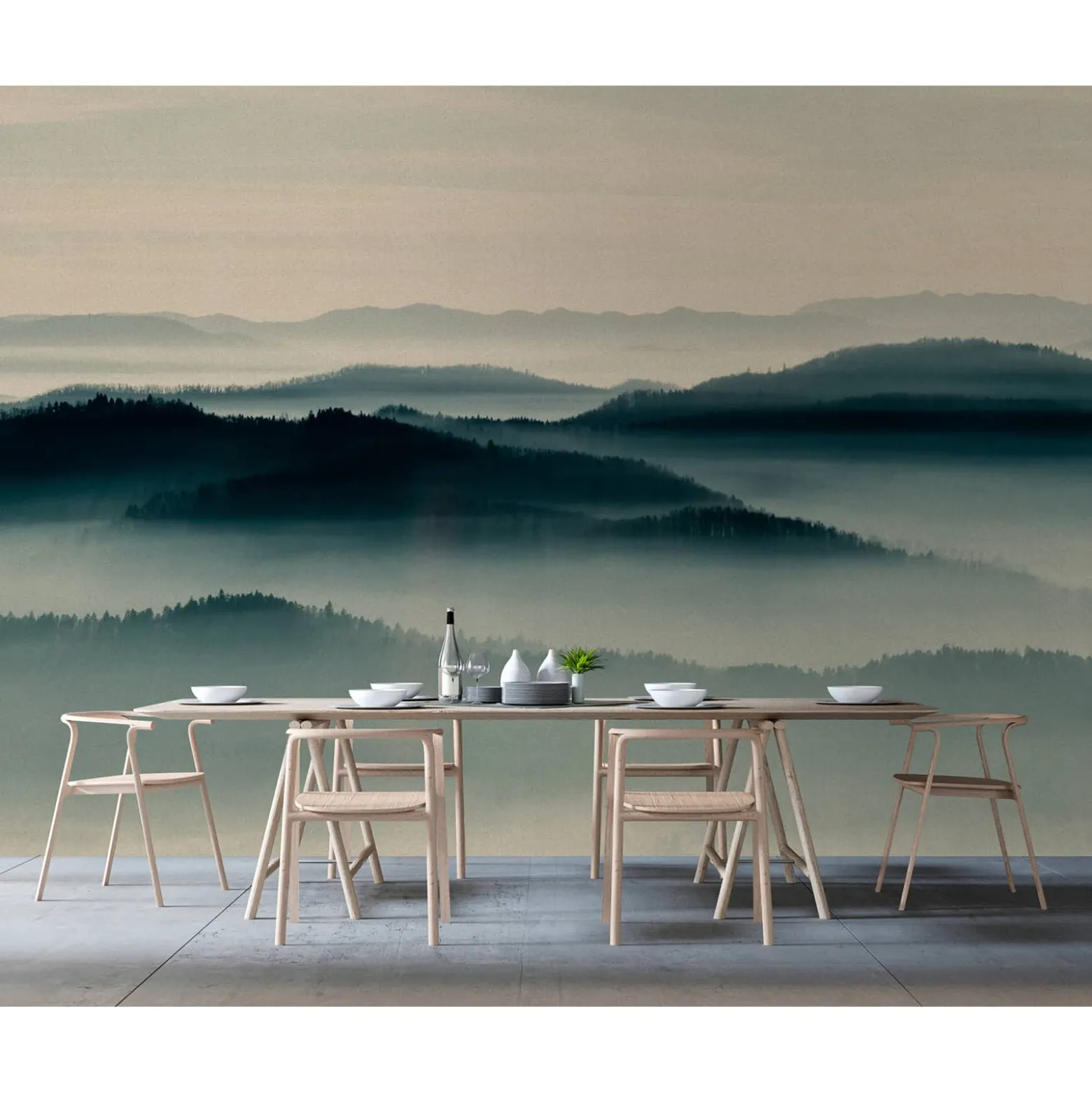 Fototapete Vlies Bäume Nebel Wald beige blau Premium