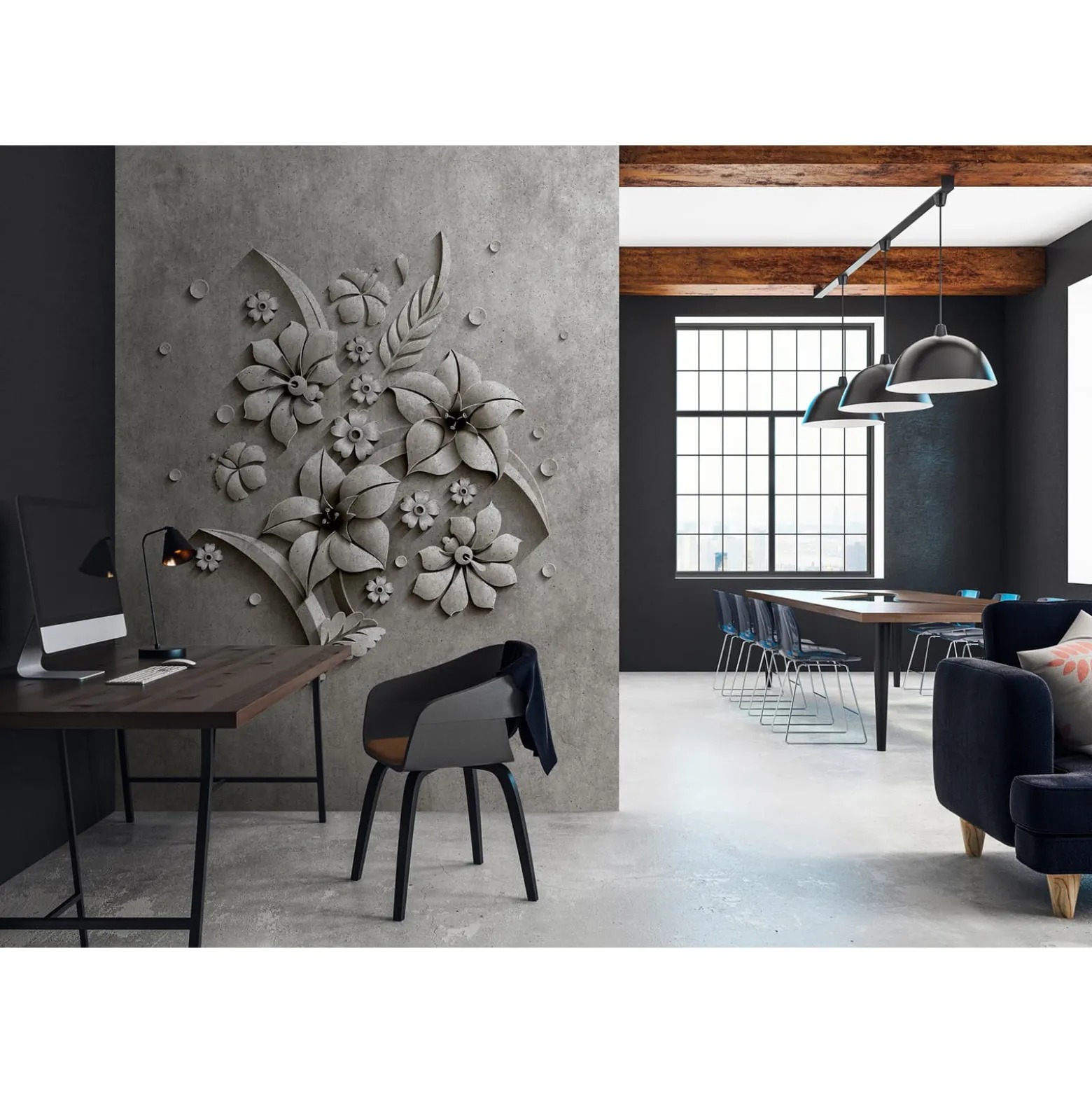 Fototapete Vlies 3D Blumen Beton grau schwarz Premium