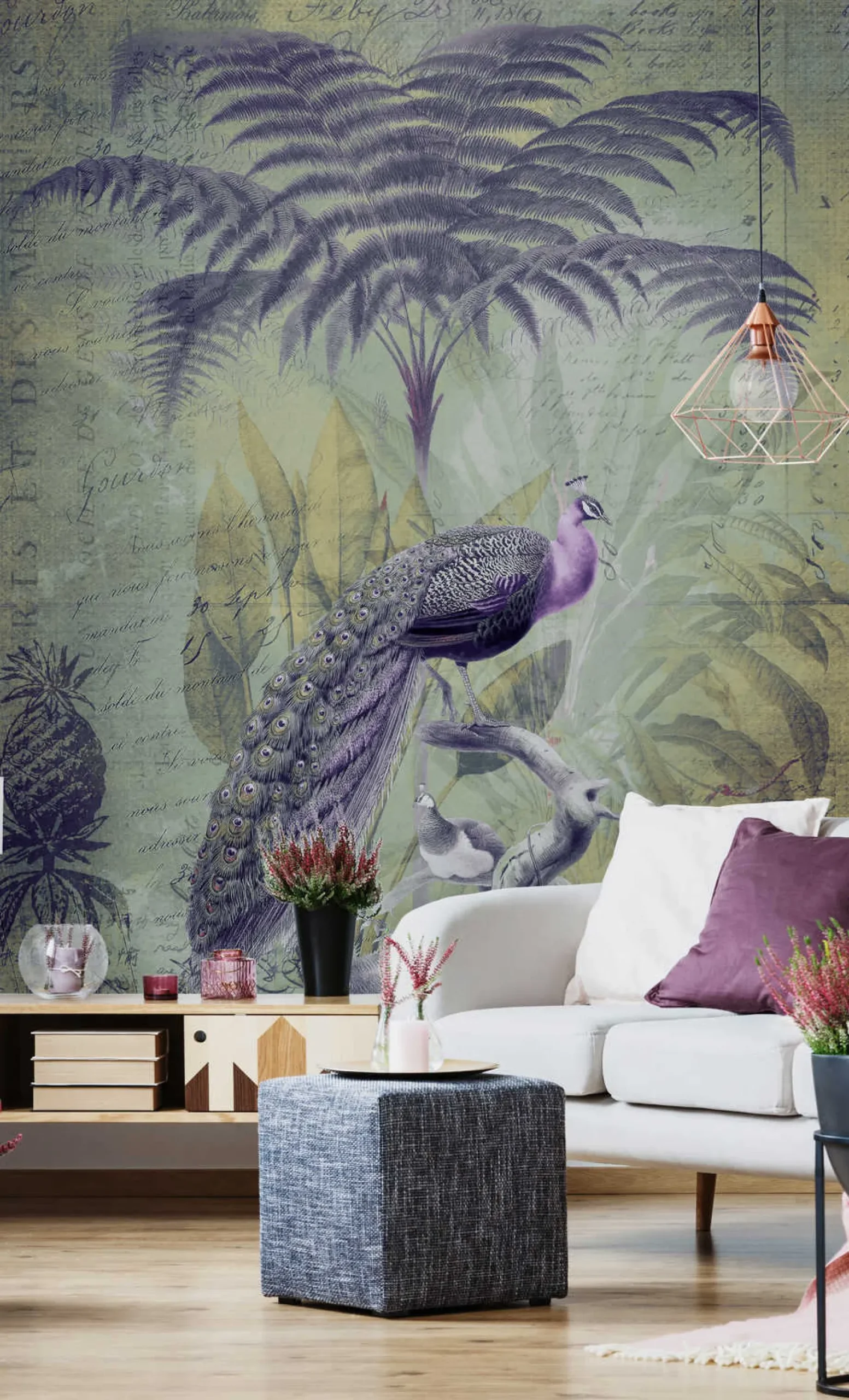 Fototapete Vlies Dschungel Pfau grün lila