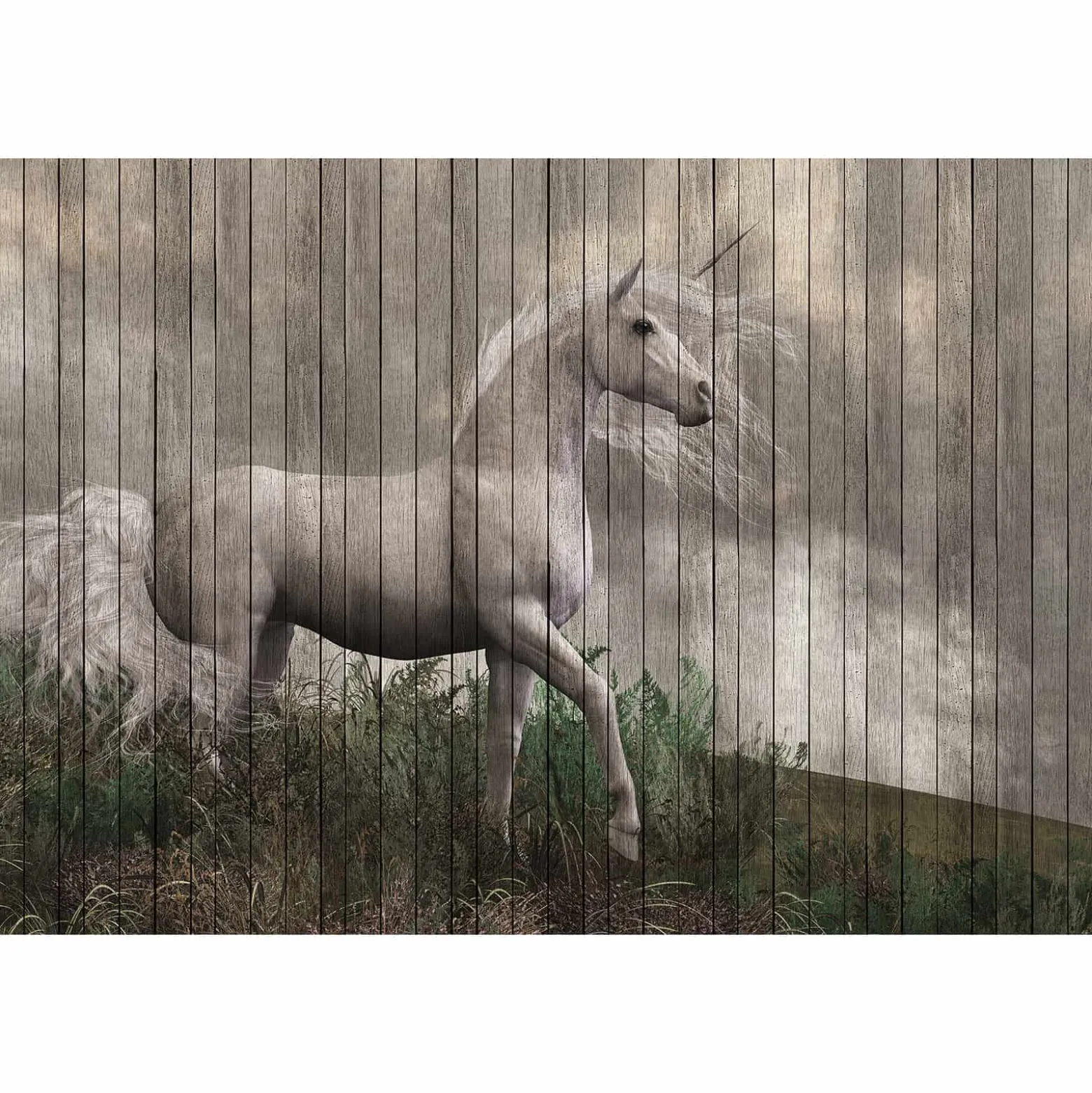 Fototapete Vlies Einhorn Holz braun beige grün Premium