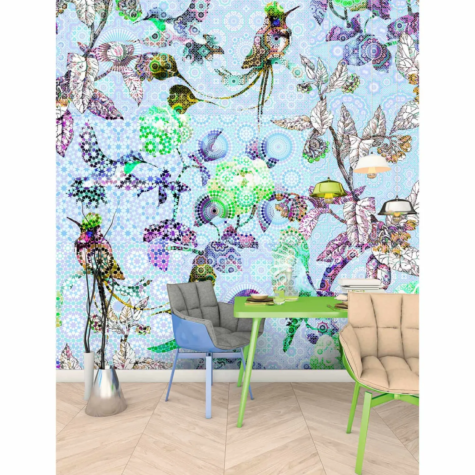 Fototapete Vlies Exotisch Vögel Floral lila bunt Premium