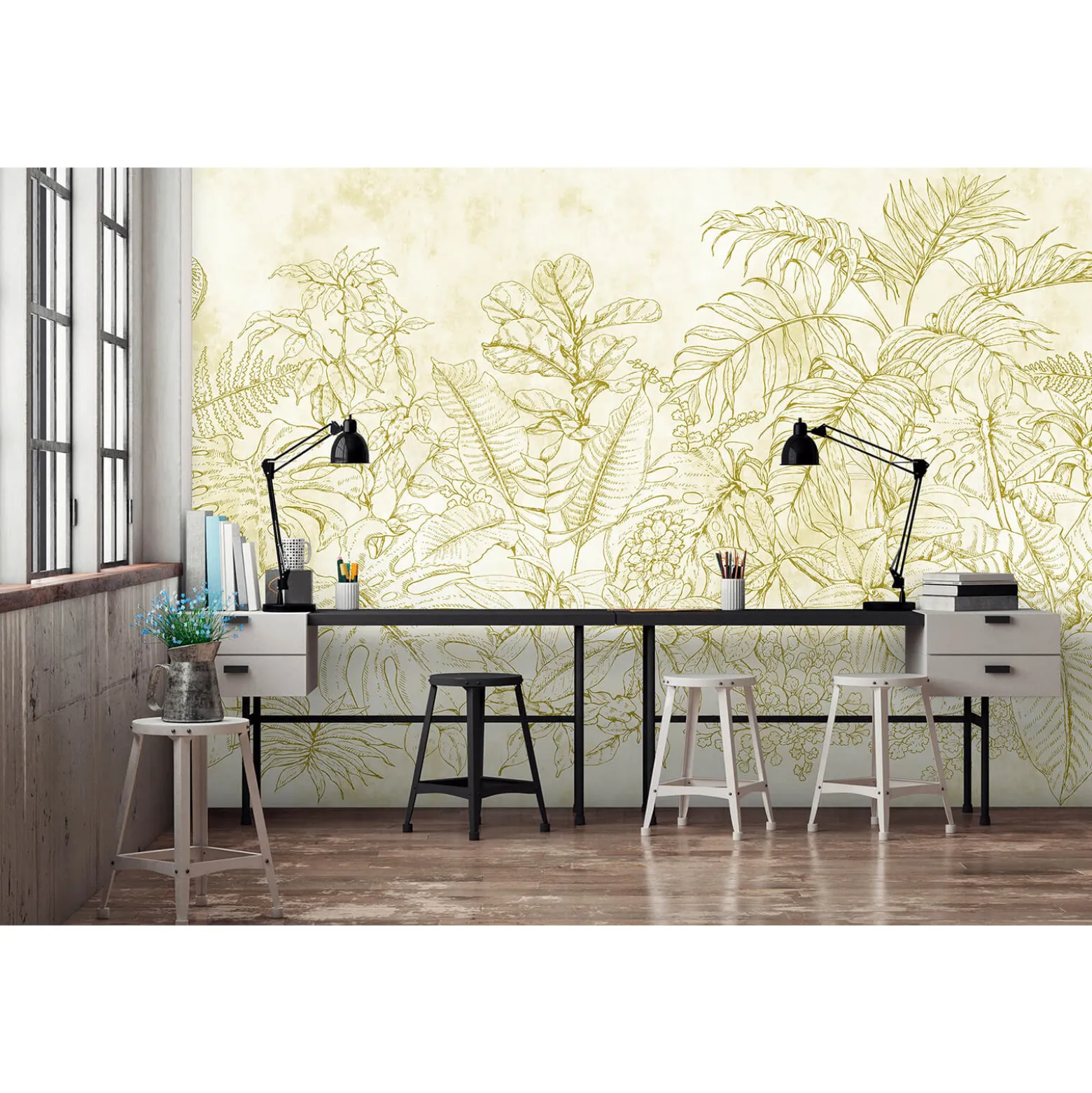 Fototapete Vlies Farn Blätter Floral creme gelb Premium