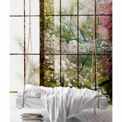 Fototapete Vlies Fenster Kirschbäume grün rosa Premium