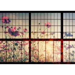 Fototapete Vlies Fenster Wiesenblumen rot grün Premium