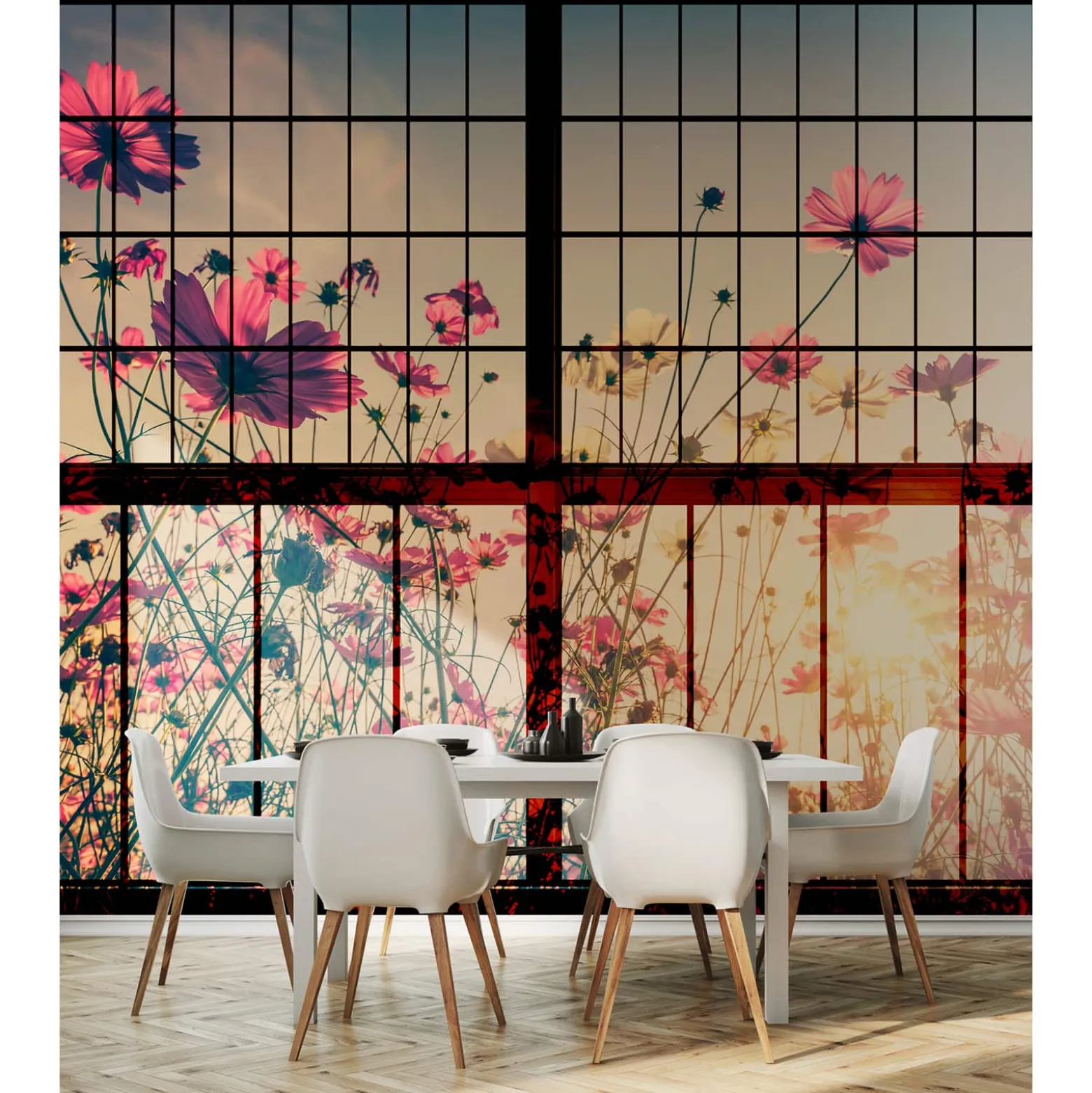Fototapete Vlies Fenster Wiesenblumen rot grün Premium