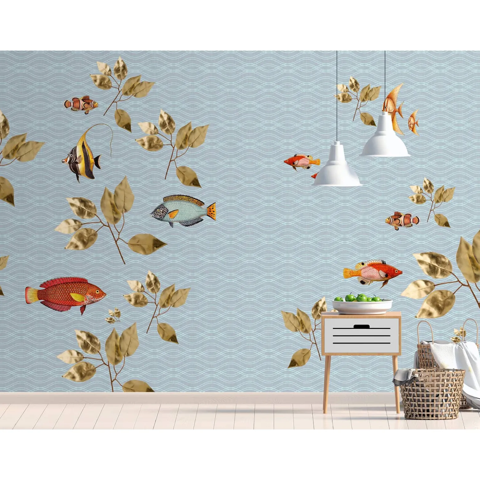 Fototapete Vlies Fische Blätter Wellen blau Premium