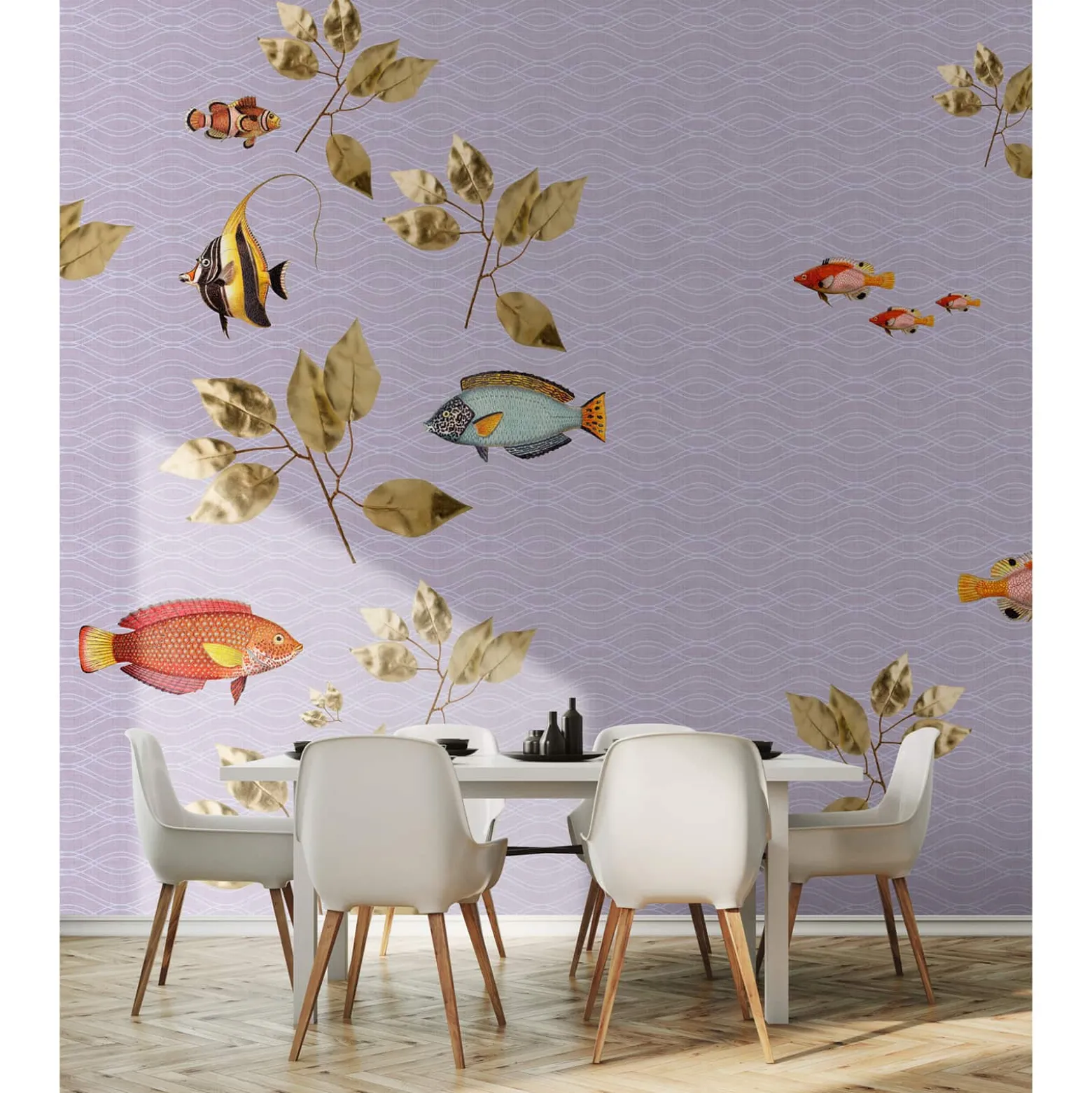 Fototapete Vlies Fische Blätter Wellen lila Premium