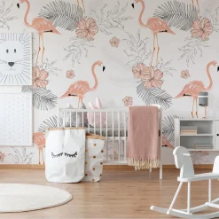 Fototapete Vlies Flamingos Blätter apricot weiß