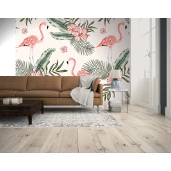 Fototapete Vlies Flamingos Blätter rosa grün creme