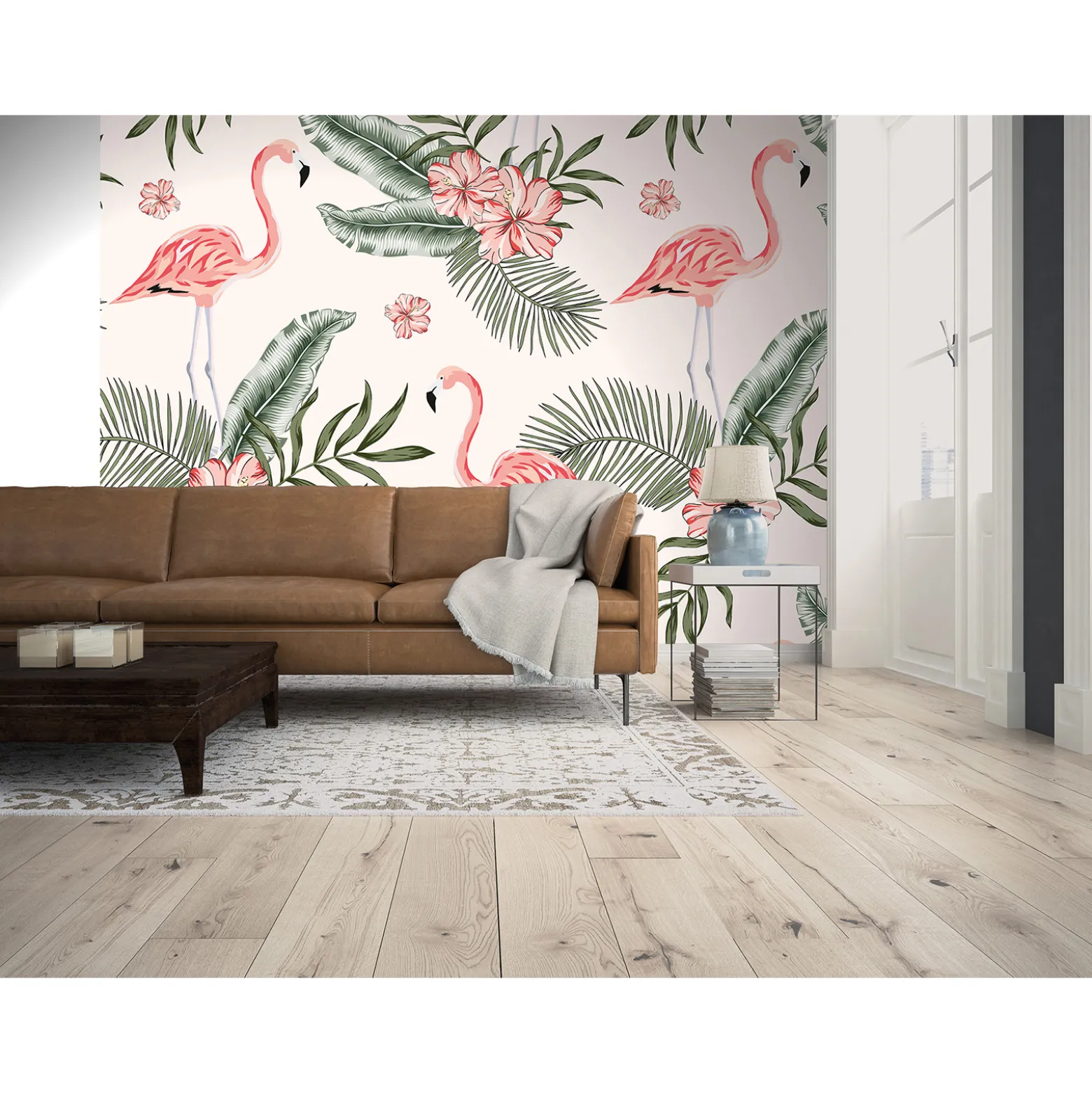Fototapete Vlies Flamingos Blätter rosa grün creme
