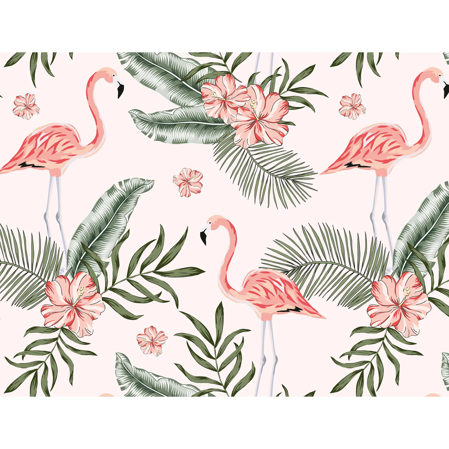 Fototapete Vlies Flamingos Blätter rosa grün creme