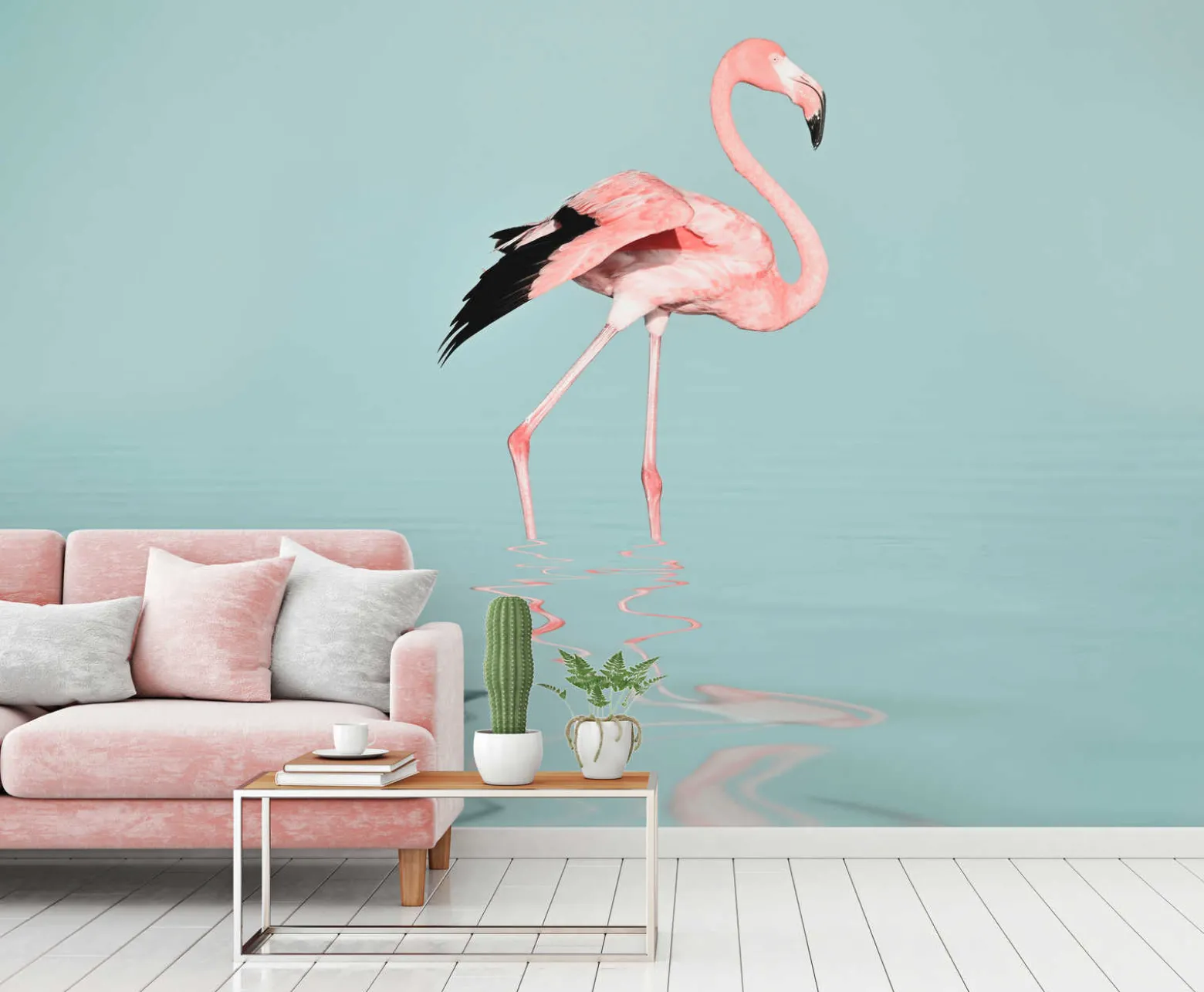Fototapete Vlies Flamingo Wasser blau rosa