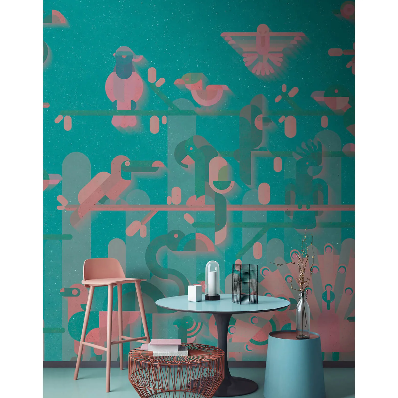 Fototapete Vlies Grafik Vögel Pfau blau rosa Premium
