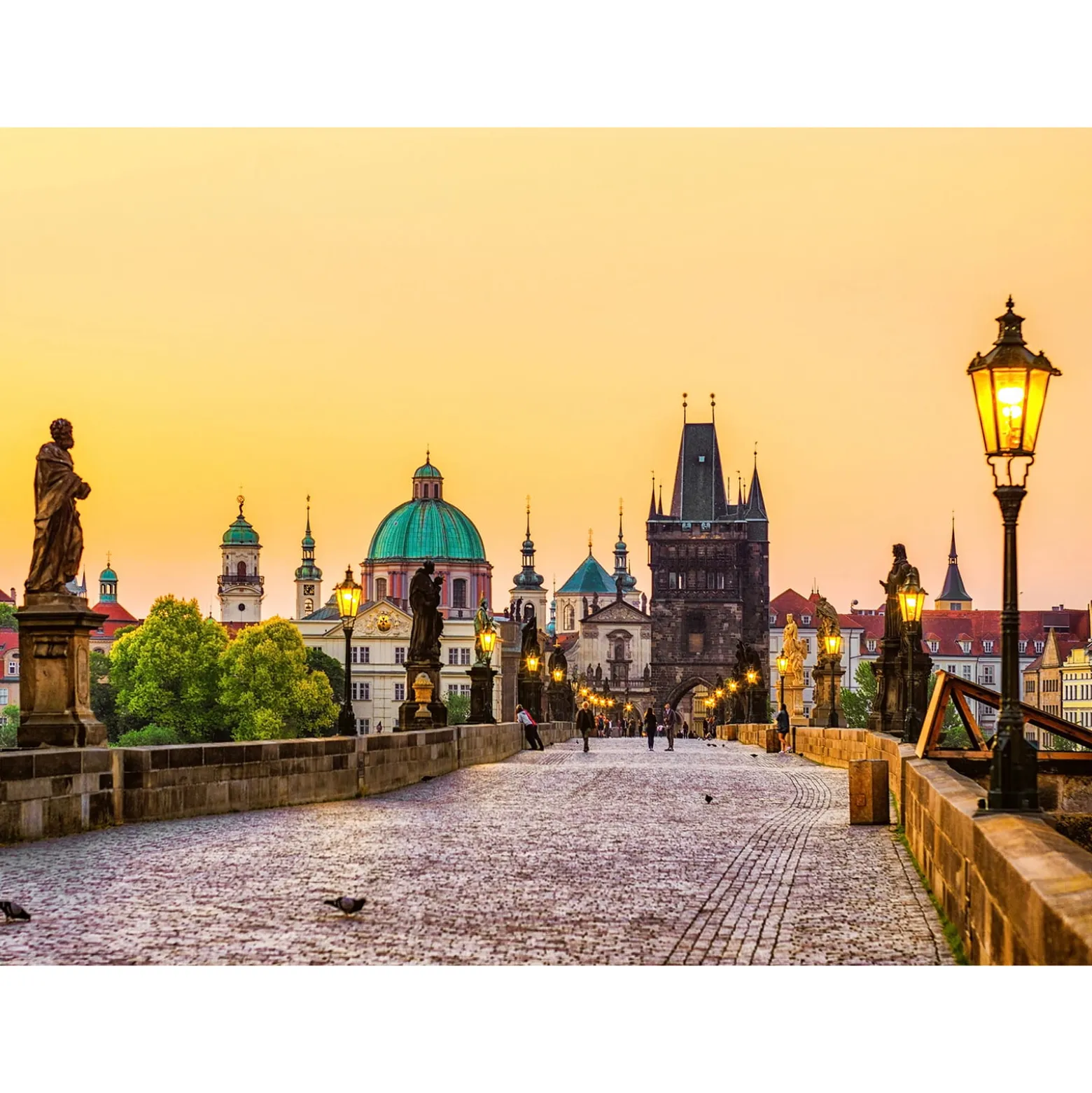 Fototapete Vlies Karlsbrücke Prag Abends gelb braun grün