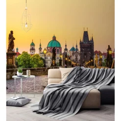 Fototapete Vlies Karlsbrücke Prag Abends gelb braun grün
