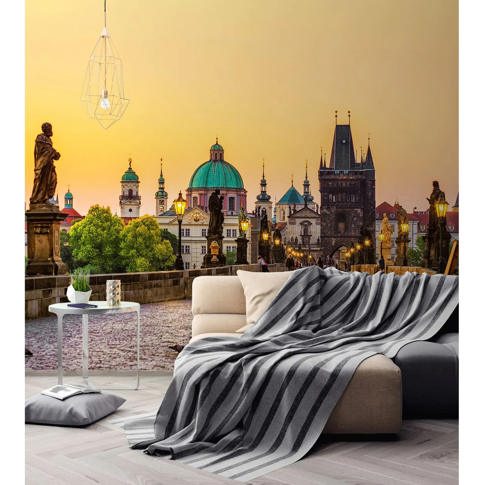 Fototapete Vlies Karlsbrücke Prag Abends gelb braun grün