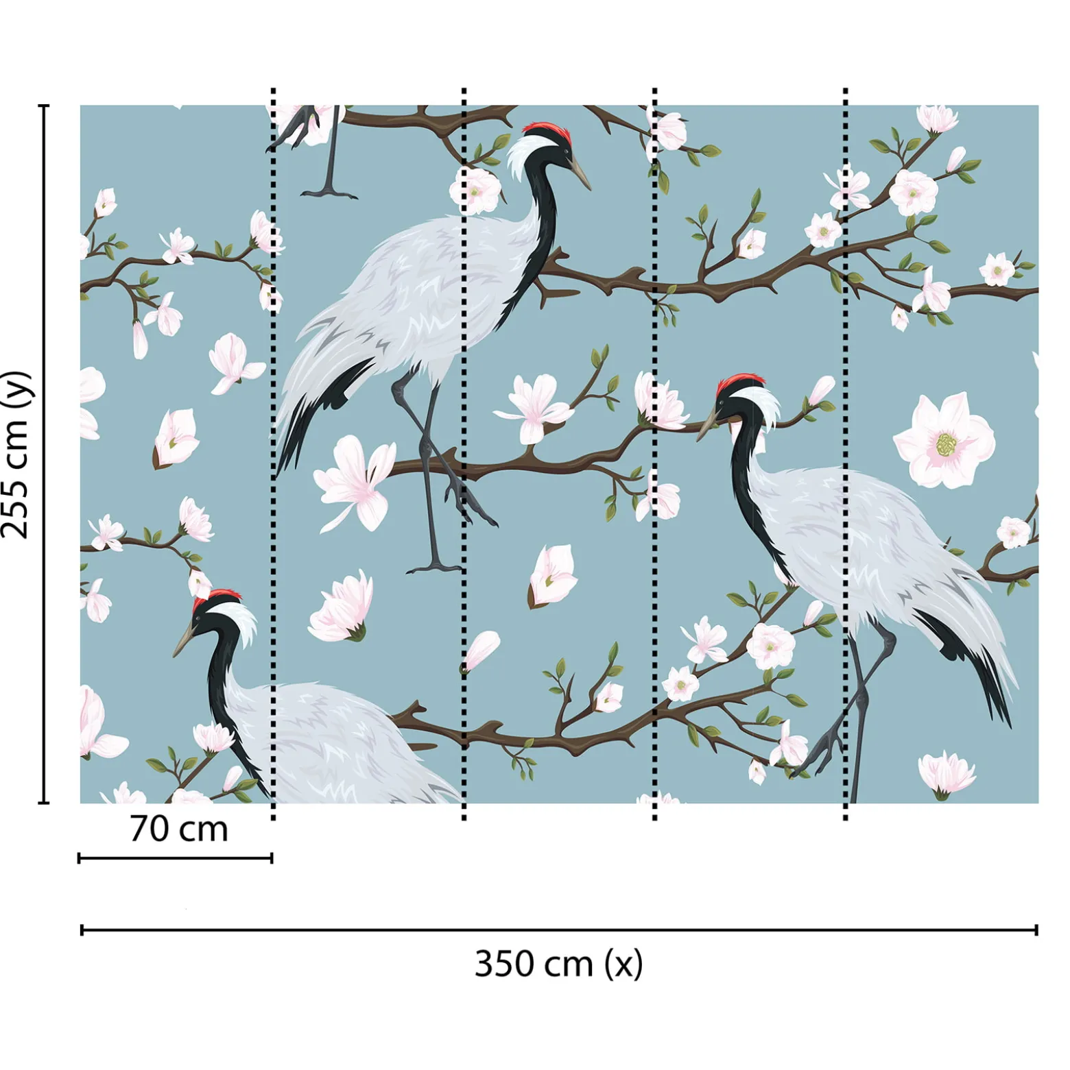 Fototapete Vlies Kranich Japan Blüten blau weiß rosa