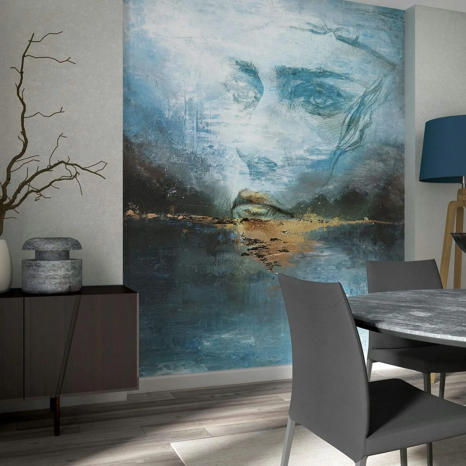 Fototapete Vlies Kunst Aquarell Frau Blau Beige 35497