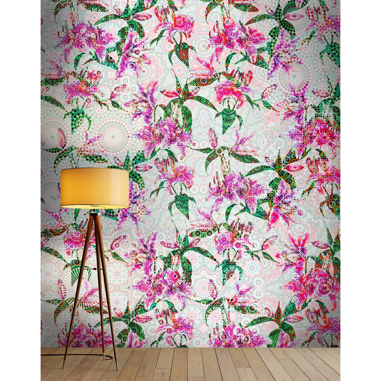 Fototapete Vlies Lilien Floral Mosaik Neon grau pink