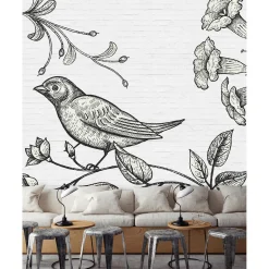 Fototapete Vlies Mauer Stein Vogel Blumen grau Premium
