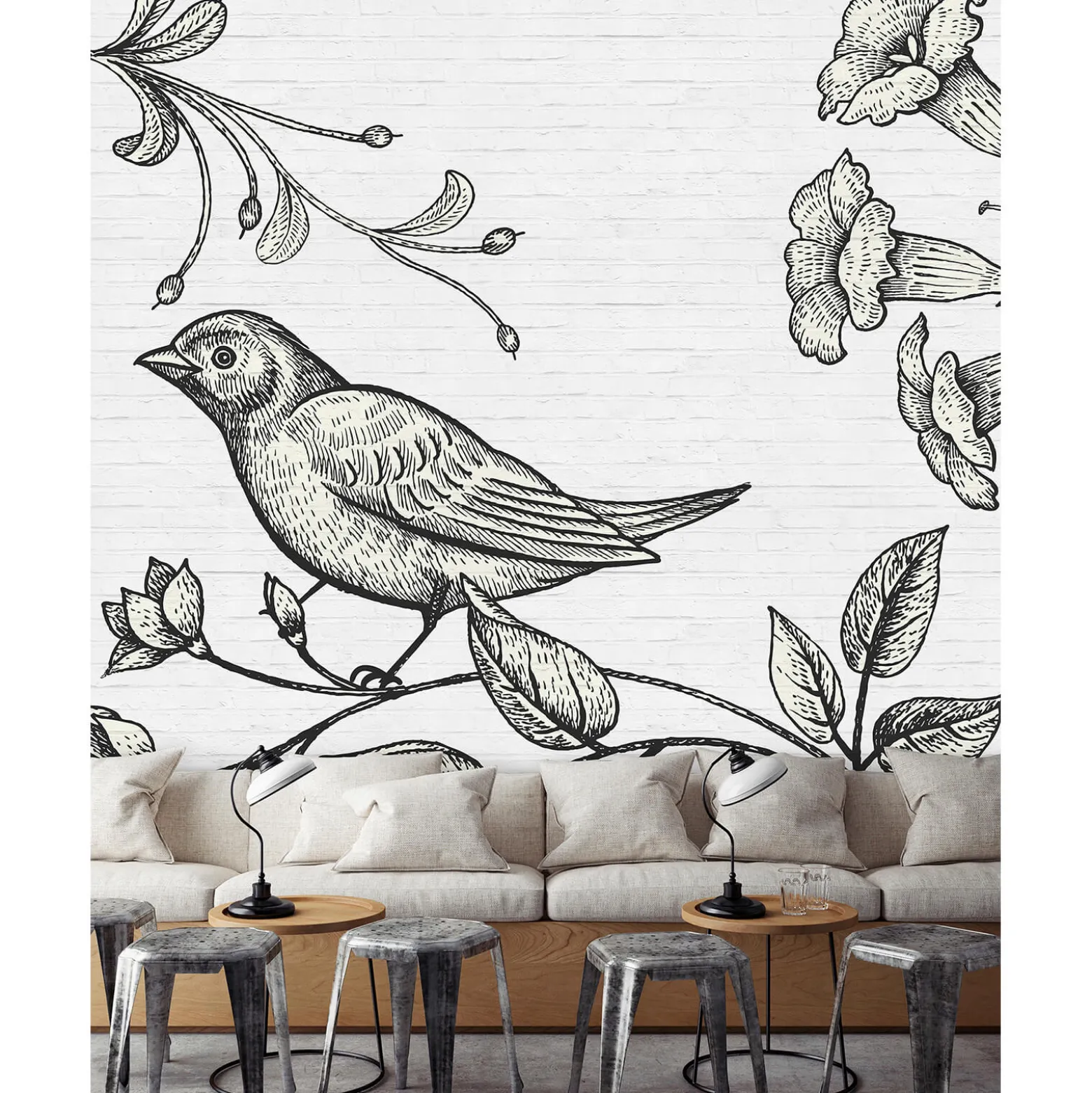 Fototapete Vlies Mauer Stein Vogel Blumen grau Premium