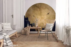 Fototapete Vlies Mond Vögel Natur gold schwarz