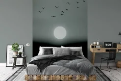 Fototapete Vlies Mond Vögel Winter grau weiß