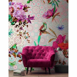 Fototapete Vlies Mosaik Vögel Kreise Neon rosa bunt