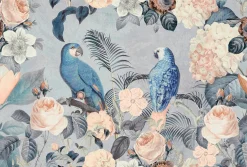 Fototapete Vlies Papagei Blumen blau beige grau