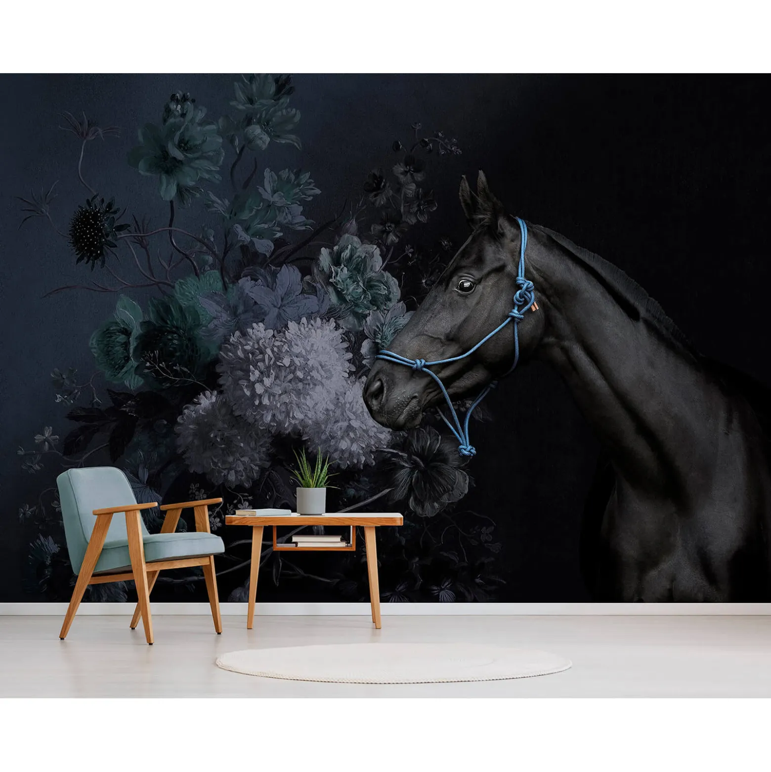 Fototapete Vlies Pferd Blumenstrauß schwarz Premium
