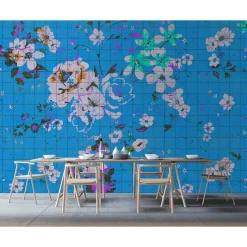 Fototapete Vlies Pop-Art Blumen Fliesen blau Premium
