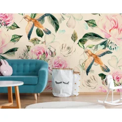 Fototapete Vlies Rosen Vögel Blätter beige grün rosa