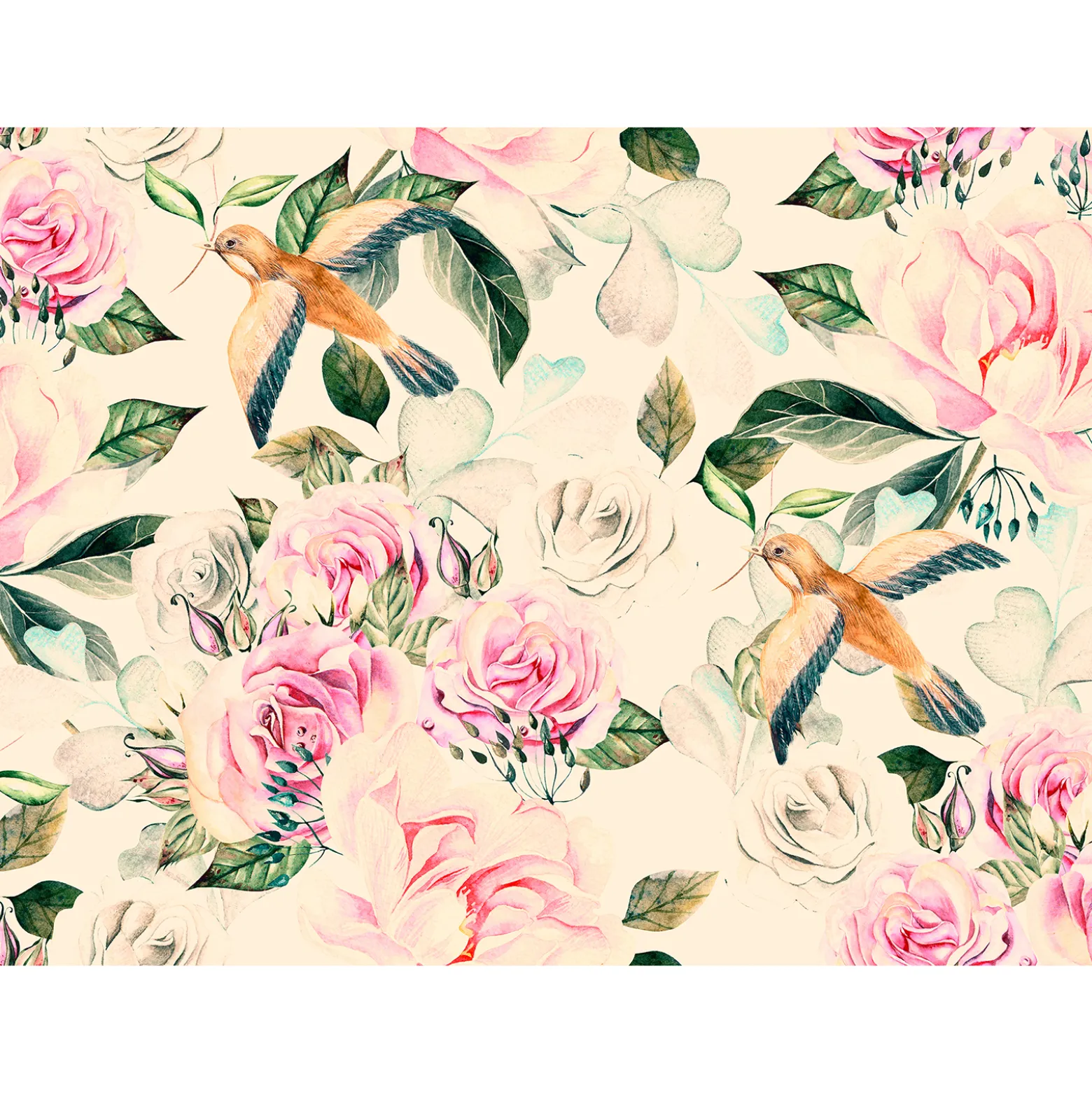 Fototapete Vlies Rosen Vögel Blätter beige grün rosa