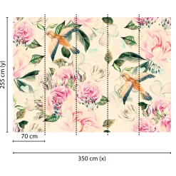 Fototapete Vlies Rosen Vögel Blätter beige grün rosa