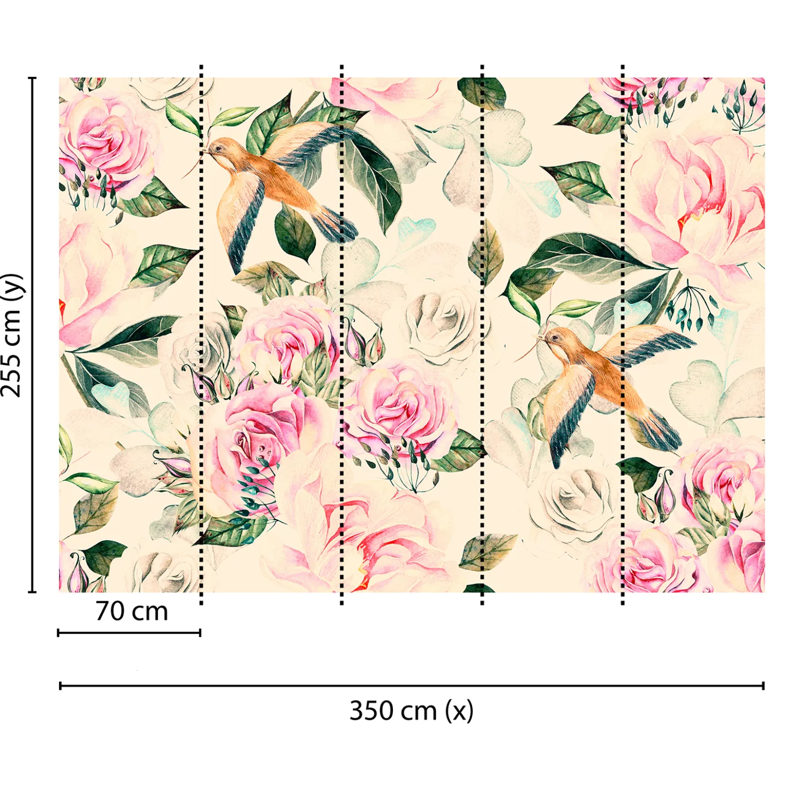 Fototapete Vlies Rosen Vögel Blätter beige grün rosa