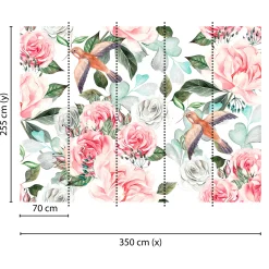 Fototapete Vlies Rosen Vögel Blätter weiß rosa grün