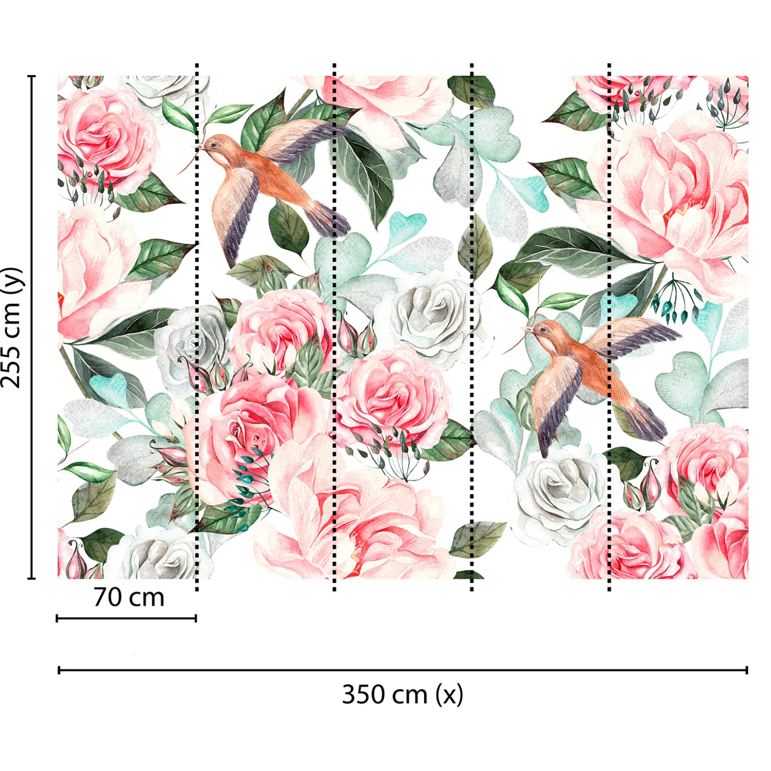 Fototapete Vlies Rosen Vögel Blätter weiß rosa grün