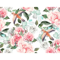 Fototapete Vlies Rosen Vögel Blätter weiß rosa grün