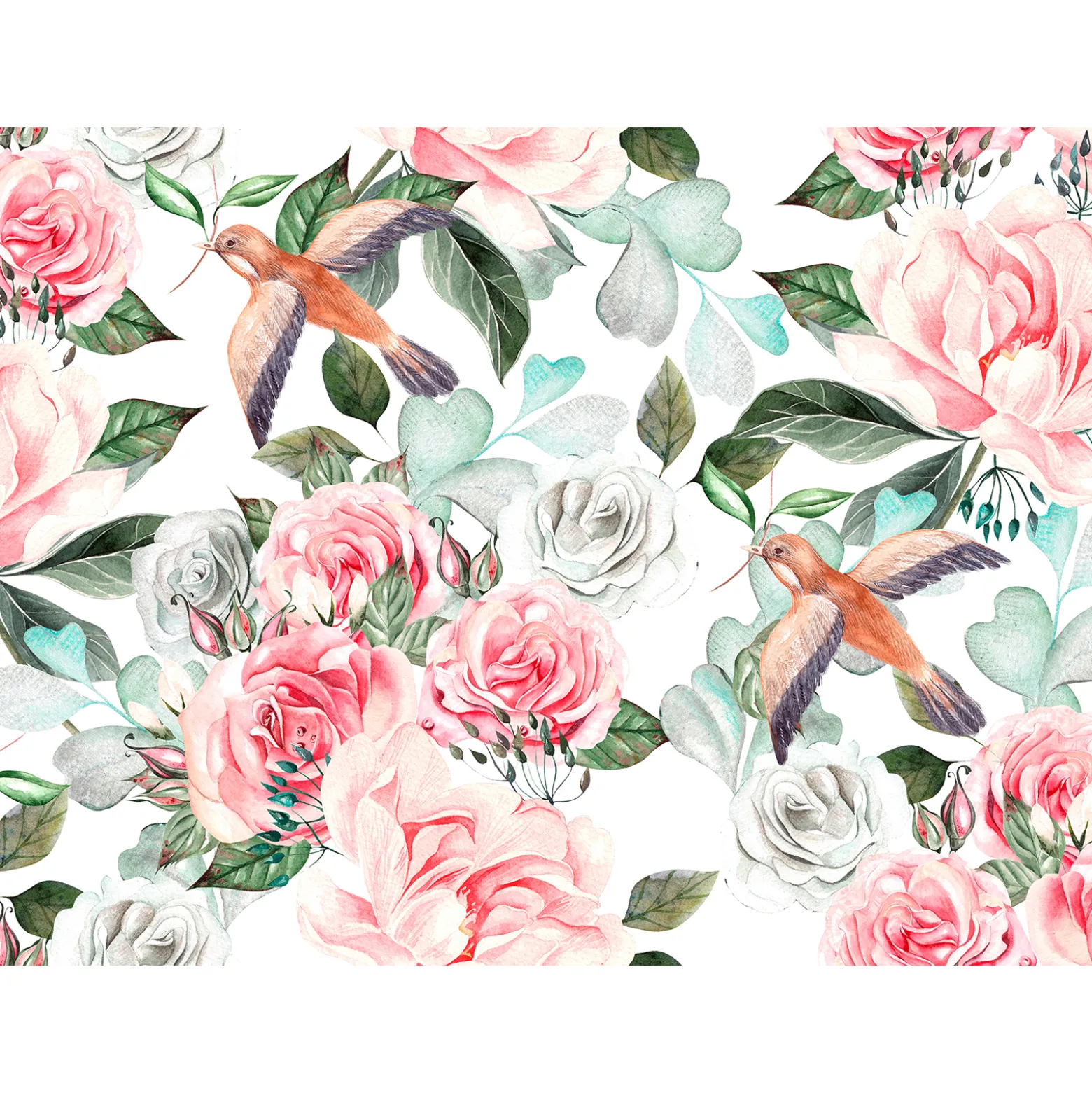 Fototapete Vlies Rosen Vögel Blätter weiß rosa grün