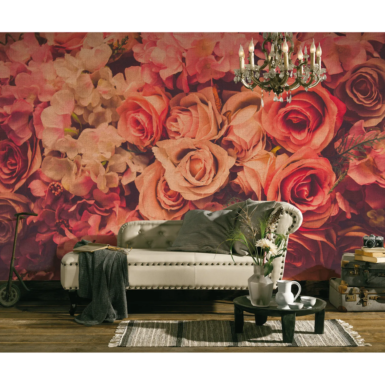 Fototapete Vlies Rosen Vintage Textil rot rosa creme