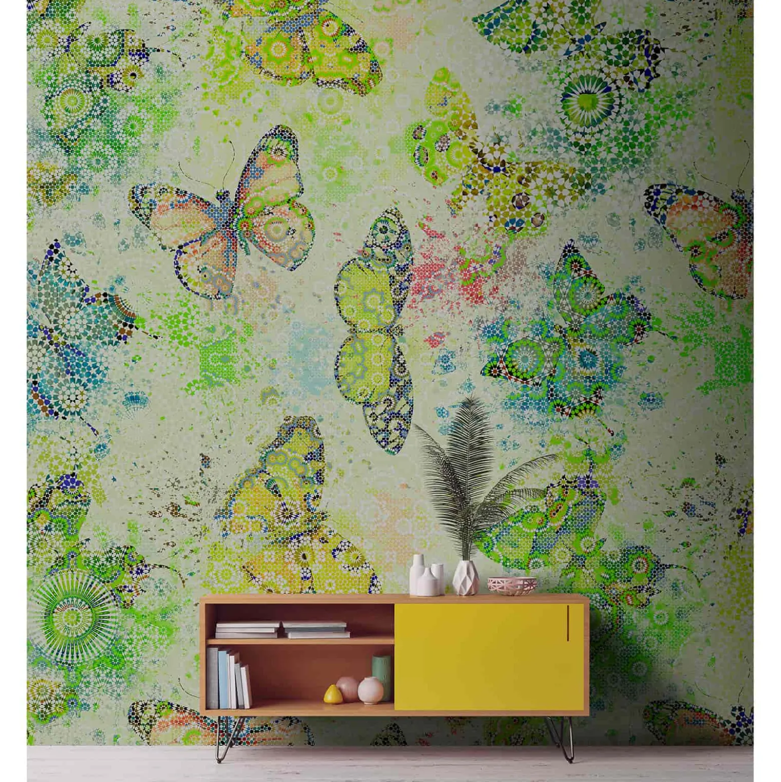 Fototapete Vlies Schmetterlinge Mosaik grün bunt Premium