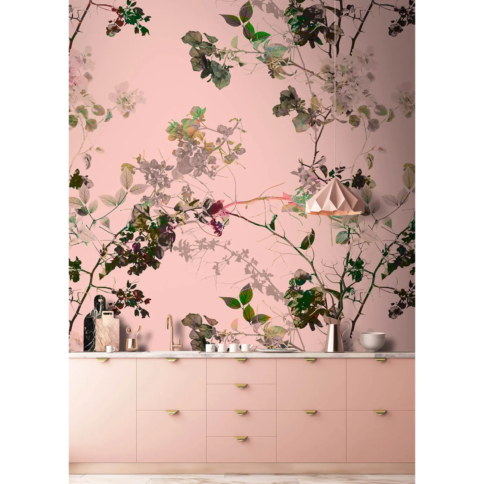 Fototapete Vlies Äste Blätter Floral rosa grün Premium