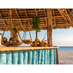 Fototapete Vlies Strandbar Urlaub blau braun weiß