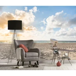 Fototapete Vlies Strandkorb Meer beige blau weiß